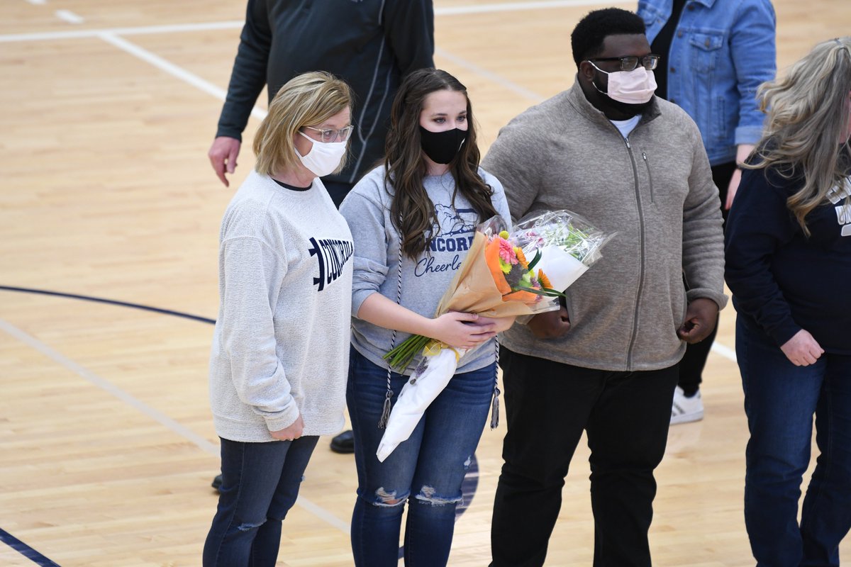 BulldogsRetired's tweet photo. .@CUNEcheerdance honored three seniors following today's competition: Kaci Hohenthaner, Lanessa Kerner and Cora Rhode. https://t.co/ycWYVyOPhb