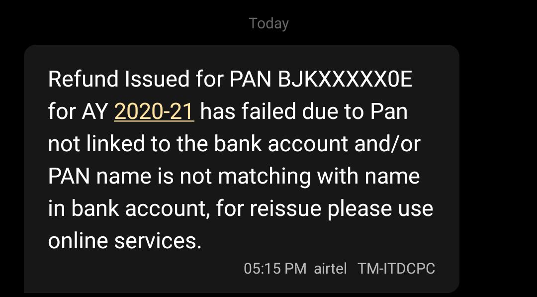 Name in bank account doesn't match as per PAN (one of them has my Father's name as a middle name) and the income tax department won't process my ITR. This despite
1. I've linked my PAN with Bank Account
2. Have registered bank account on IT website. <a href="/IncomeTaxIndia/">Income Tax India</a>