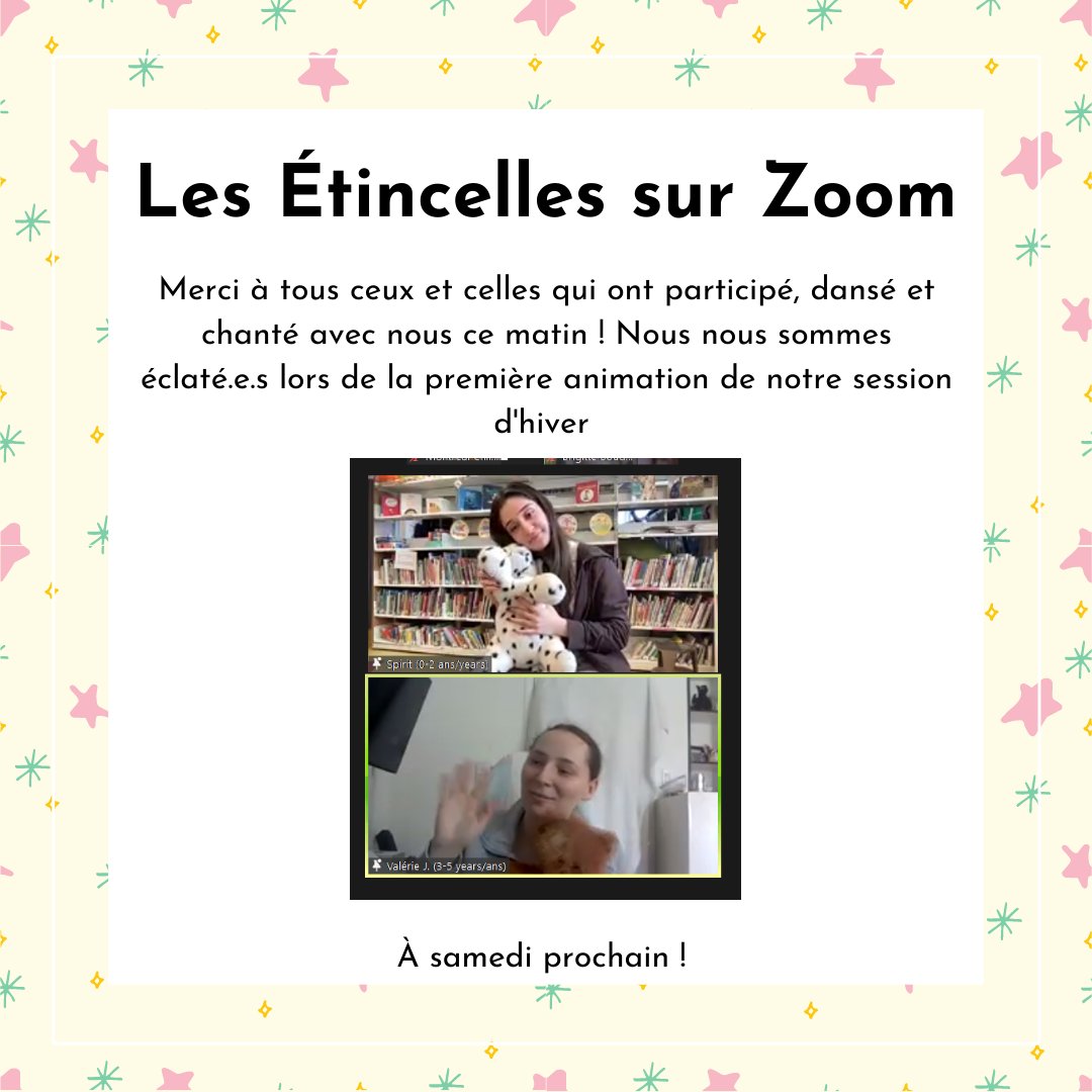 MCLBJM's tweet photo. Il reste encore quelques places pour notre session d'hiver des Étincelles sur Zoom ! Pour vous inscrire, contactez-nous au 514-276-7309 ou par courriel à info@mcl-bjm.ca #chansons #rhymes #bibliotheque #familles https://t.co/Zn9l6NOpgy