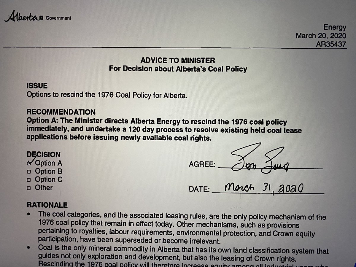 Here we see that this document contains advice given to the Minister on the coal policy, that Option A was recommended, and chosen, as indicated by the Minister’s signature. So, some things she’s known since at least March, 2020: