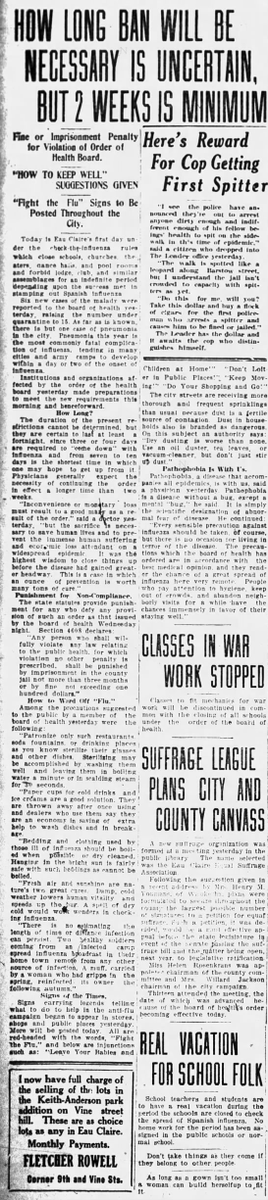 1918 saw its share of lockdowns as well. This article describes the situation in Eau Claire. The newspaper also offers a reward to the first police officer who stops someone from spitting in the street and spreading disease. (Eau Claire Leader-Telegram, 10/11/1918)