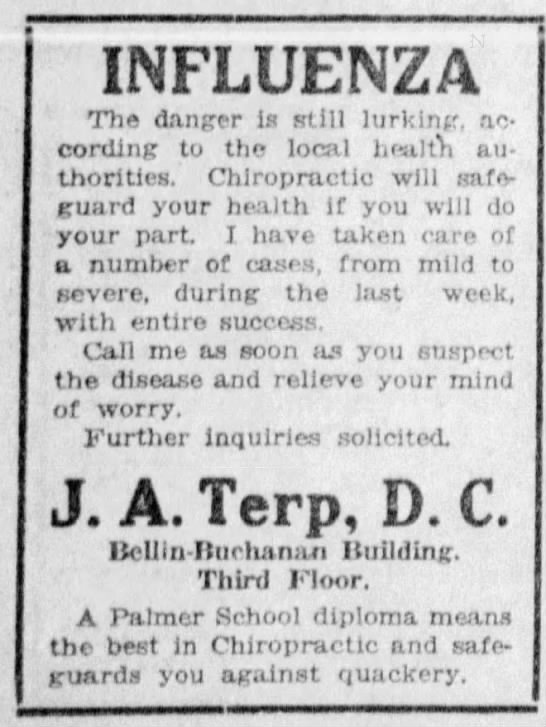 Chiropractors advertised to those sick with the influenza. (Green Bay Press-Gazette, 10/12/1918)(Wausau Daily Herald, 10/12/1918)