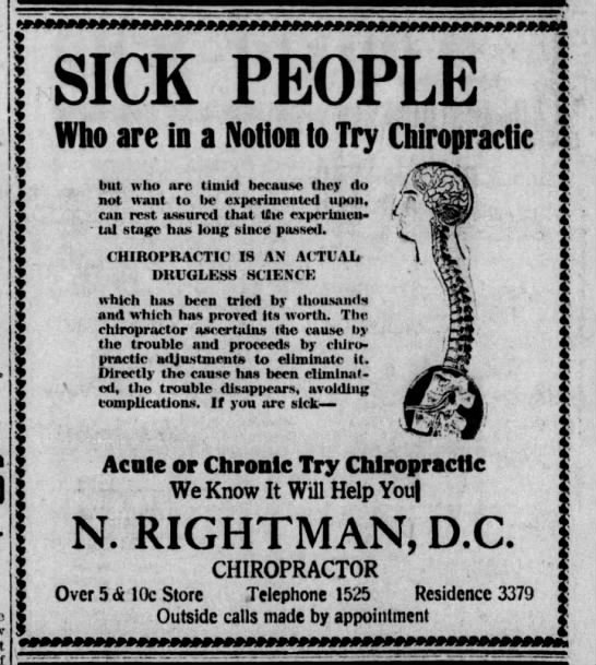 Chiropractors advertised to those sick with the influenza. (Green Bay Press-Gazette, 10/12/1918)(Wausau Daily Herald, 10/12/1918)