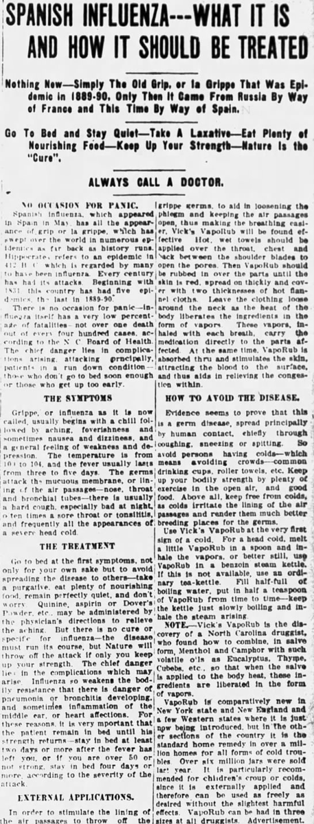 This advertisement for Vick's VapoRub mixes news, history, and health advice. (Eau Claire Leader-Telegram, 10/12/1918)