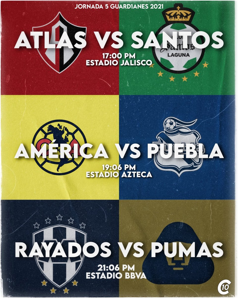 Champ10nsgcs's tweet photo. Continúa la #Jornada5 del #Guard1anes2021
Estos son los encuentros del día de hoy:
✅#ATLvsSAN
17:00 PM Estadio Jalisco
✅#AMEvsPUE
19:06 PM Estadio Azteca
✅#MTYvsPUM
21:06 PM Estadio BBVA
#LigaBBVAMX https://t.co/hk63yt7Gqo