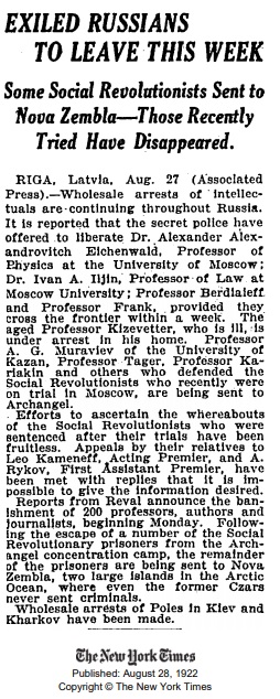 And as to question #2, I went further and further back. The first story I could find about prisoners sent by the Bolsheviks to Nova Zembla (Novaya Zemlya) predated the existence of the USSR itself. It appeared in the Times of London and the New York Times in August 1922.