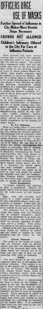 Local restrictions and encouragement to wear masks began to take effect in Wausau as cases exploded. (Wausau Daily Herald, 10/14/1918)