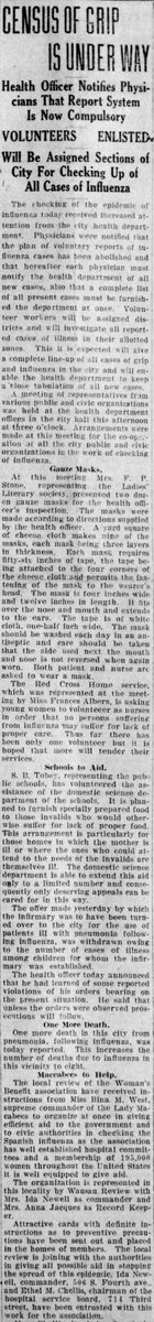 Long before contact tracing, they had volunteers taking a census of those sick with influenza. This article also describes Red Cross approved masks made out of multiple layers of cheesecloth. (Wausau Daily Herald, 10/15/1918)