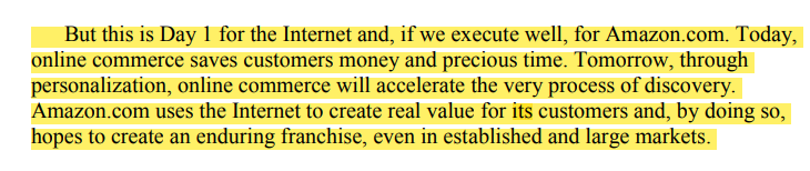 2/ I could literally highlight the entire letter, but we have to cover the "Day 1" mantra. The first key to Bezos's success was that he recognized the immense opportunity the internet represented and that the world was just at the very beginning of this technological phenomenon.