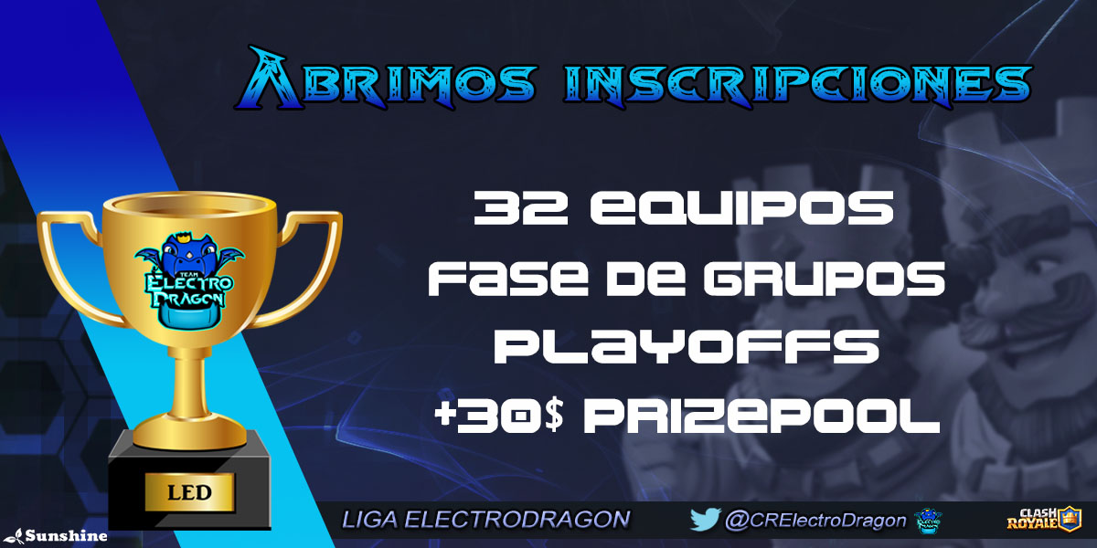 #ClashRoyale | Liga ElectroDragon 🐲🌟💙

¡¡Abrimos Inscripciones de la 2da Edición!!

Liga por equipos ⚔
+30$ de Prizepool 💵 (Matcherino)

🔵 Requisitos: 
-Seguirnos <a href="/CRElectroDragon/">Team Electro Dragon</a> 
-Dar 🔄RT y ❤MG
-Mencionar a 3 equipos 👥
-Entra a nuestro discord discord.gg/7DkHMCKBzz