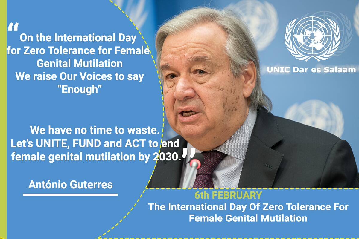 UNICDaressalaam's tweet photo. "On the International Day of Zero Tolerance for Female Genital Mutilation, we raise our voices to say, “Enough!” 

We have no time to waste. Let’s UNITE, FUND and ACT to end female genital mutilation by 2030." @antonioguterres

#unicdaressalaam
#EndFGM https://t.co/zQzq9lJf1U