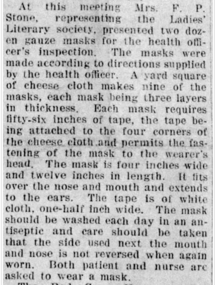 This Red Cross nurse is wearing a flu mask similar to the one described in the previous article. (Eau Claire Leader-Telegram, 10/16/1918)(Wausau Daily Herald, 10/15/1918)