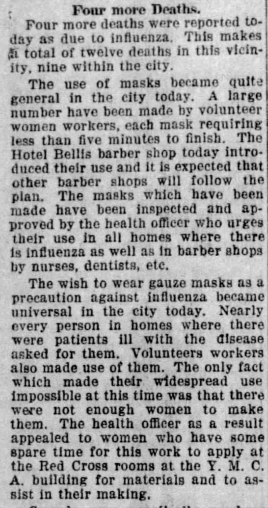 As deaths mounted in Wausau, mask wearing became nearly universal. (Wausau Daily Herald, 10/16/1918)