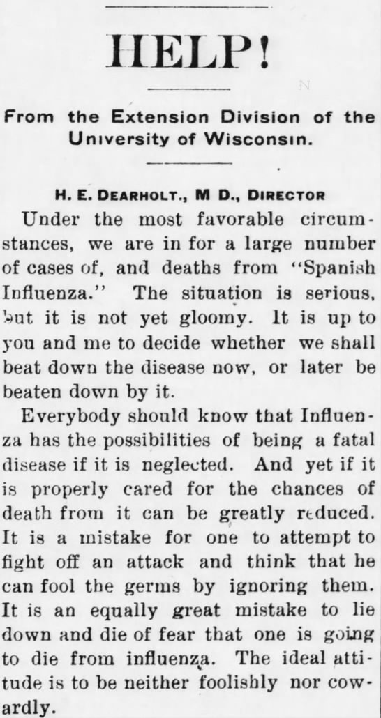 Advice from Dr. Dearholt of the UW Extension encourages people to be neither foolish nor cowardly as they faced influenza. (Iowa County Democrat, Mineral Point, 10/17/1918)