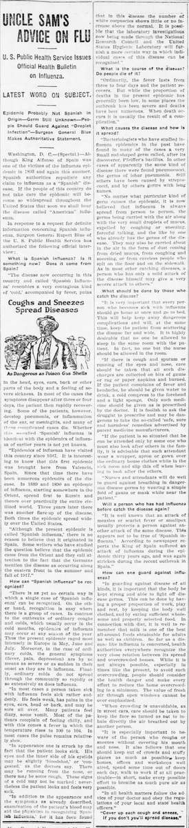 The US Public Health Service's official bulletin states that the influenza likely did not originate in Spain, encourages mask wearing near the sick, fresh air whenever possible, and to avoid uncovered coughers and sneezers. (Wood County Reporter, Wisconsin Rapids, 10/17/1918)