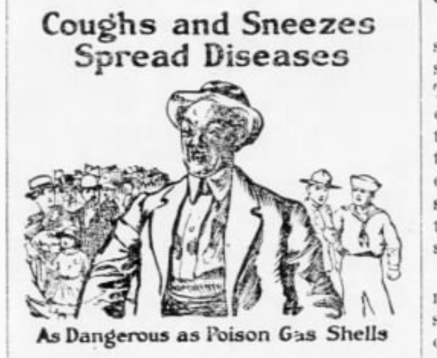 The US Public Health Service's official bulletin states that the influenza likely did not originate in Spain, encourages mask wearing near the sick, fresh air whenever possible, and to avoid uncovered coughers and sneezers. (Wood County Reporter, Wisconsin Rapids, 10/17/1918)