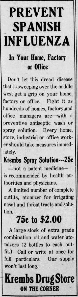 More remedial treatments for influenza crop up around the state, including a few drops of formeldahyde on the handkerchief.(Appleton Post-Crescent, 10/17/1918)(Stevens Point Journal, 10/18/1918)(Kenosha News, 10/21/1918)(Appleton Post-Crescent, 10/22/1918)