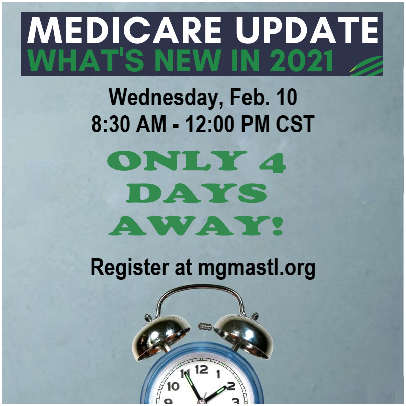 The Medicare Update is a vital session for #PracticeManagers &amp; #BillingStaff &amp; earn 2.5 AAPC #CEU’s w/out having to leave your office! 
$20 Members | $30 Non

Visit mgmastl.org/event/2021Medi… to view topics, event schedule &amp; register to attend. All are welcome - feel free to share!