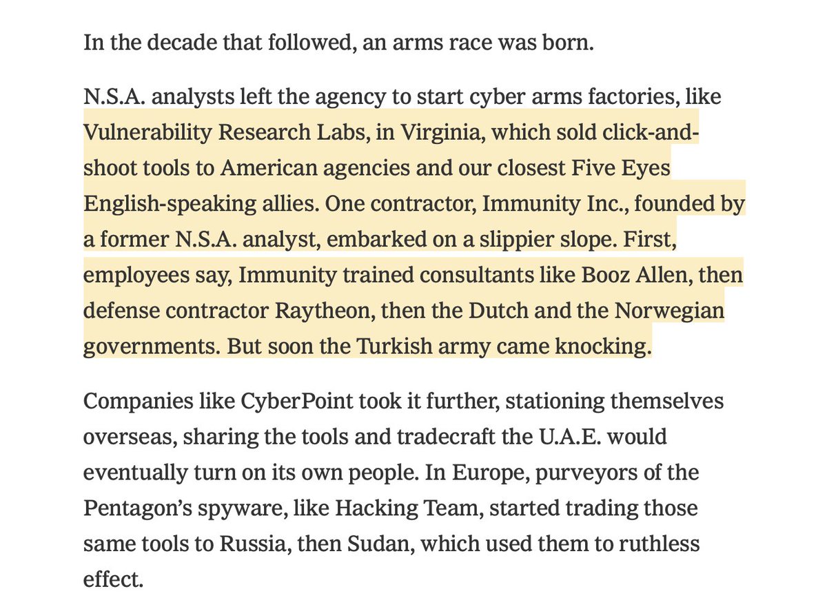 WOW: ex  @NSAGov employees read first lady  @MichelleObama's emails while working as mercenaries for a foreign gov.Essential read by  @nicoleperlroth: how hubris led the U.S. to fuel a cyber arms race that we could neither master, nor control. 1/Story:  https://www.nytimes.com/2021/02/06/technology/cyber-hackers-usa.html