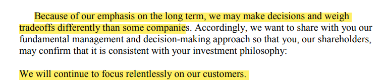 5/ B/c  $AMZN would always prioritize long-term over short-term, it was going to make different decisions than other cos. That starts w/ customer obsession, but includes things like not worrying about GAAP quarterly earnings or Wall St. expectations.