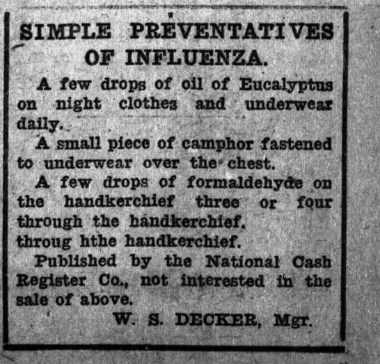 More remedial treatments for influenza crop up around the state, including a few drops of formeldahyde on the handkerchief.(Appleton Post-Crescent, 10/17/1918)(Stevens Point Journal, 10/18/1918)(Kenosha News, 10/21/1918)(Appleton Post-Crescent, 10/22/1918)