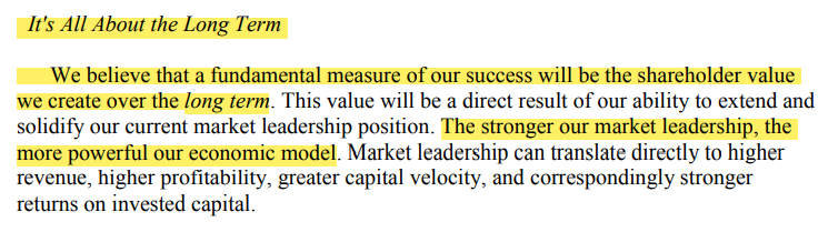 4/ Bezos focused relentlessly on long-term growth, rather than short-term profits, even from this first letter. His priority was market leadership: customers, revenue, customer repeat purchases, and brand.If you put that stuff first, profits and everything else would follow.