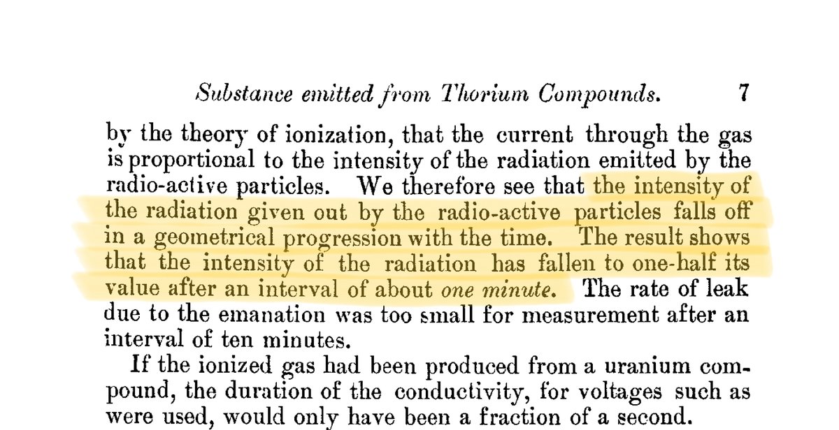 3/Rutherford discovered that the radioactivity of a Thorium sample did not stay constant with time.Instead, it shrank exponentially.Every passing minute, the radioactivity got cut in half.And after 10 minutes, it became too weak to measure.