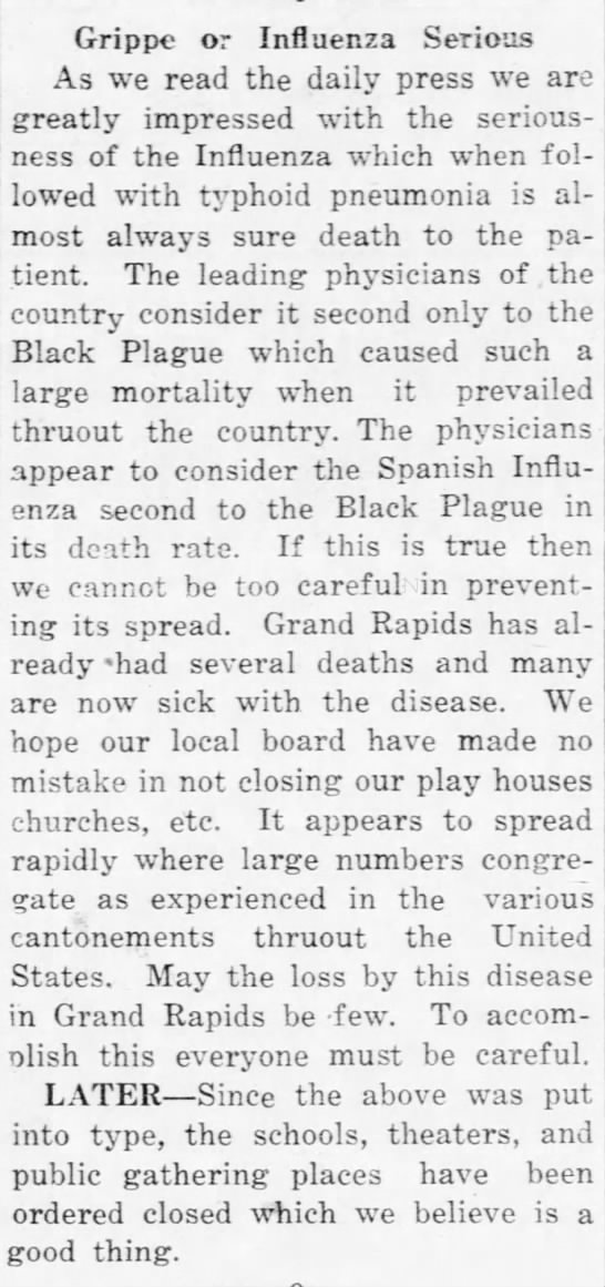 Newspaper editors in Grand Rapids (now Wisconsin Rapids) worried that their public health officials were not doing enough to stop the spread of the flu. (Wood County Reporter, 10/17/1918)