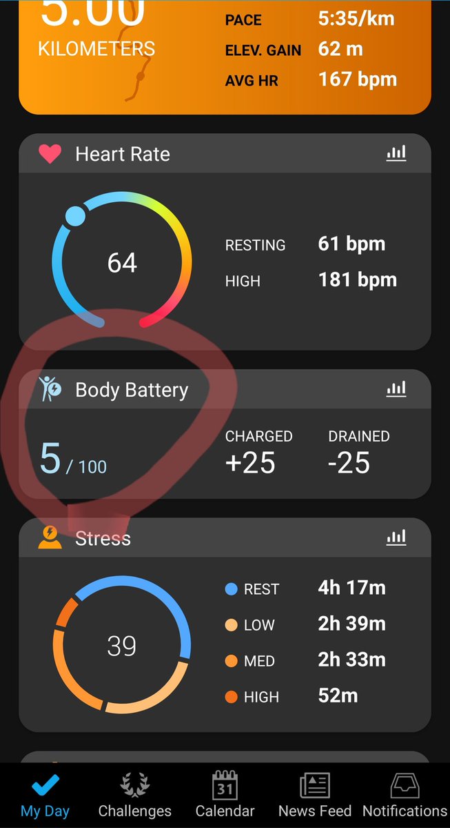 RunnyLiftyStuff's tweet photo. Ran a 5k, so on a scale of 1 to 🚑... 

.. how worried should I be?
#UKRunChat #5k #Garmin #BodyBattery https://t.co/HphiD5BLqM