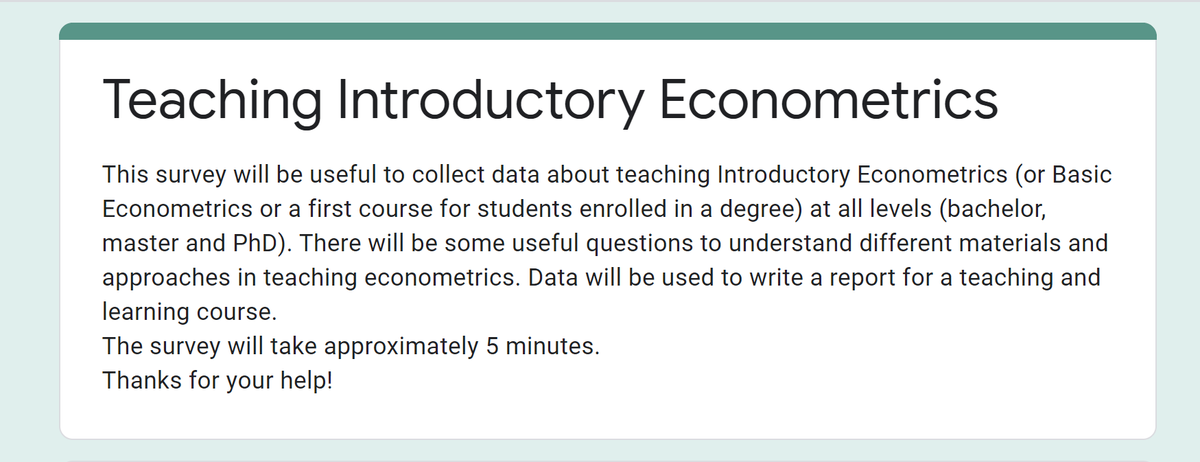 Alessia_metrics's tweet photo. 📢Have you ever taught #Introductory #Econometrics?
I am collecting data for a #TeachingAndLearning course.

Here a #Survey 👇

https://t.co/TvGTJiC1Ps

Thanks for your help!👩‍🎓

#WomenWhoCode #AcademicTwitter #Teaching #University #PhDLife #EconTwitter https://t.co/l986aPJ64q