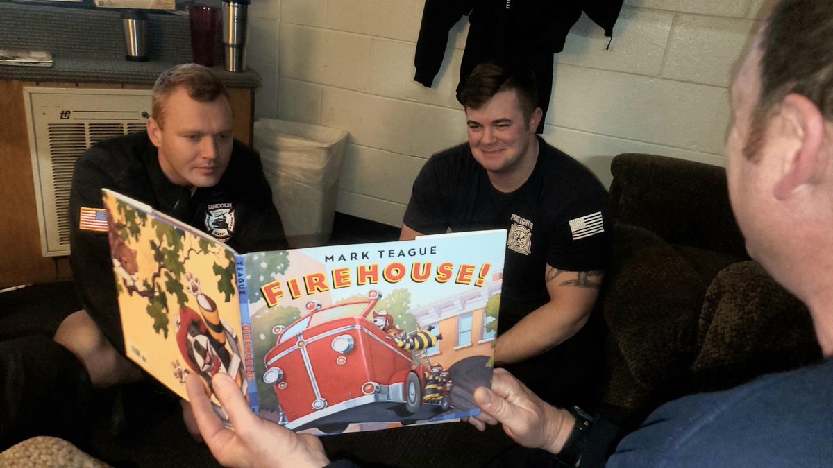 LNKFireRescue's tweet photo. Captain Pinkman isn’t the only one reading to his crew, last night Captain Sabatka took some time to read to his crew at Station #5. Looks like they are enjoying it! Have you read this one, Cathedral Eagles? 

#UpForTheChallenge #CanRead @CityOfLincoln https://t.co/zv21yiIHxe