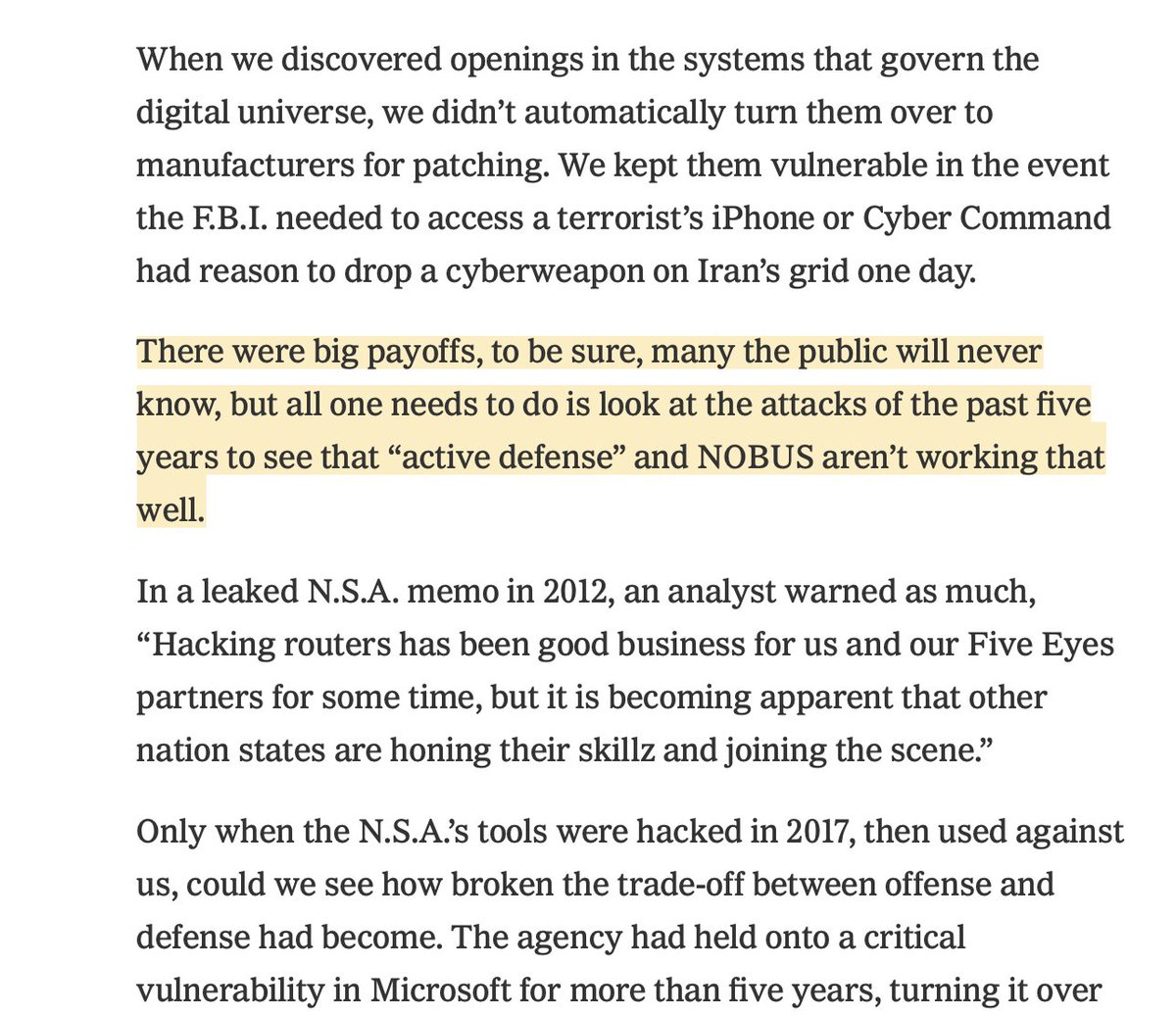 WOW: ex  @NSAGov employees read first lady  @MichelleObama's emails while working as mercenaries for a foreign gov.Essential read by  @nicoleperlroth: how hubris led the U.S. to fuel a cyber arms race that we could neither master, nor control. 1/Story:  https://www.nytimes.com/2021/02/06/technology/cyber-hackers-usa.html