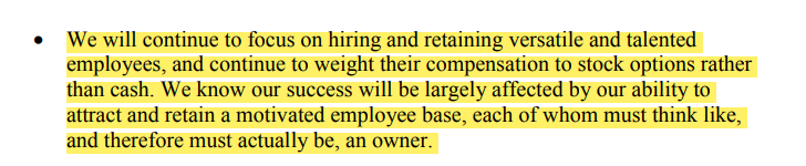 6/ I think the other great nugget in this first letter was how Bezos thought about hiring and share-based compensation. He intentionally used SBC to get employees thinking w/ an owner's mindset and outlined the incredibly high standards he would hold employees too.