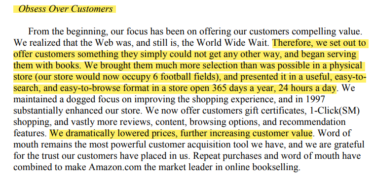 7/ It's easy to talk abt customer obsession, but Bezos thought long and hard about what that meant and what  $AMZN could offer customers they couldn't get anywhere else. In '97 that didn't mean speed, but discount prices and great selection.So he doubled down on those qualities.