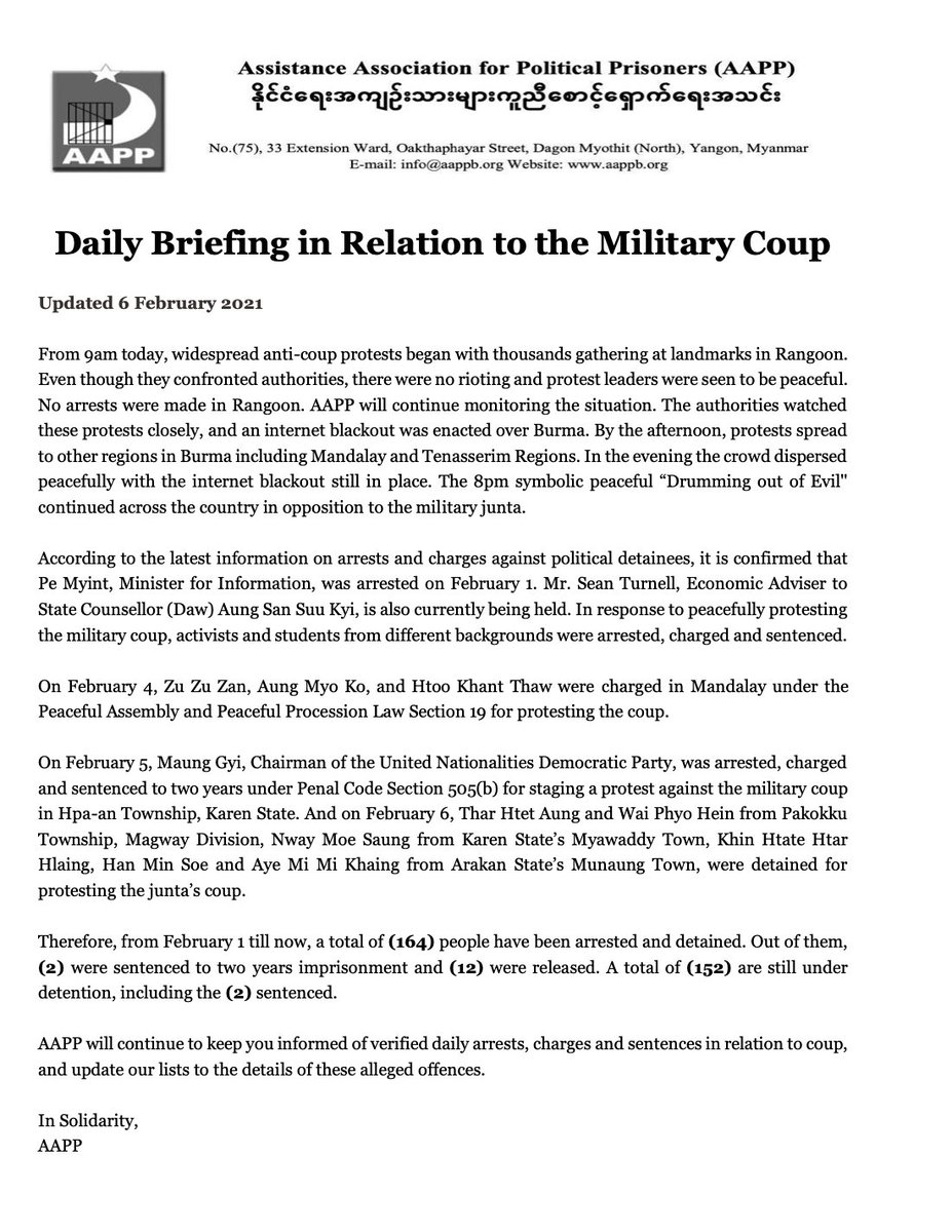 Daily Update!! 

As of 6 Feb, 164 people arrested and detained since 1 Feb early morning in relation to the coup.

2 sentenced to two years imprisonment, 12 have been released. 152 still under detention, including 2 sentenced.

#Myanmar #WhatishappeninginMyanmar #Burma