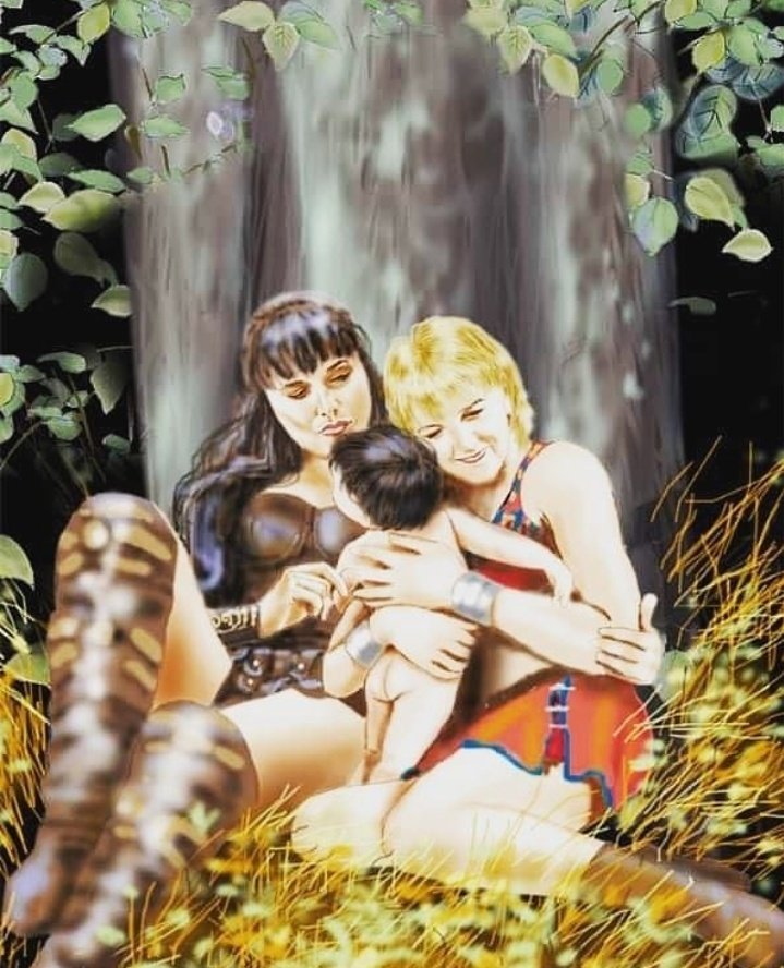 LaneLimal's tweet image. This is the dream in the heart of all Xenites for the end of the best series of all time with the two best warriors and heroines in the world: Xena and Gabrielle. (Credit to the artist).👏👏😍❤️💙💚 
@RealLucyLawless @OfficialReneeOC #XenaWarriorPrincess 
#xenarevival