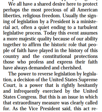 When then-President Bill Clinton inked it into law, he included an absolutely gushing signing statement about the importance of protecting religious liberty: