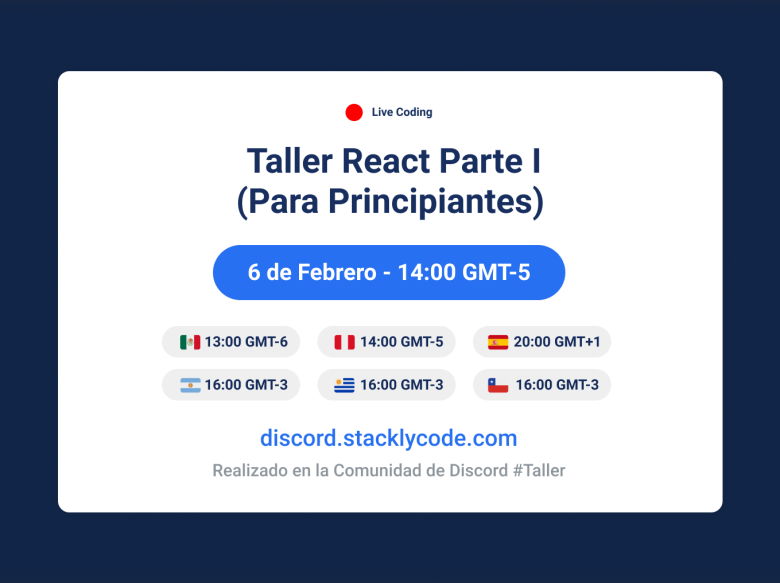 StacklyCode's tweet photo. ¡AHORA EN VIVO! Taller de React 
Pueden entrar: https://t.co/VSOwaiiZ8H

Preguntas por Discord en el canal taller-chat
@comfeco @FrontEndCafe https://t.co/ApfwFrw3W8