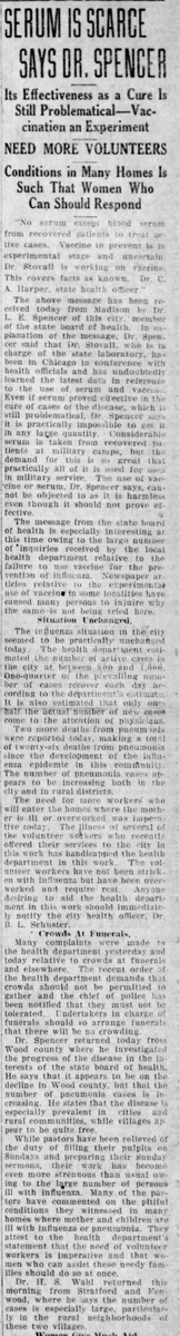 Blood serum was a treatment being researched, but there was a dearth of supply. The influenza situation in Stratford and Fenwood is mentioned at the end of this article as being particularly out of control.(Wausau Daily Herald, 10/22/1918)