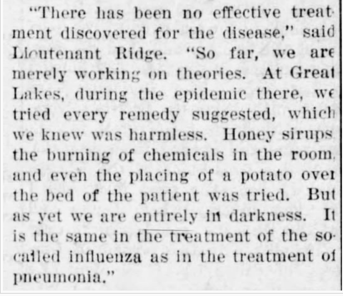 More remedies to ward off or treat the flu appear, include juniper berries, red pepper in whiskey, and putting a potato over the bed of a patient.(Stevens Point Journal, 10/21/1918)(Appleton Post Crescent, 10/22/1918)(The Gazette, Stevens Point, 10/23/1918)