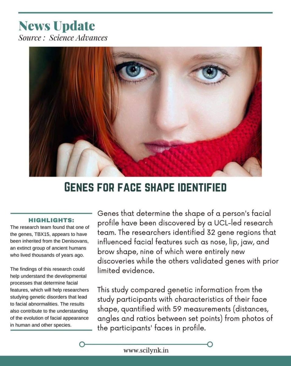 SciLynk's tweet image. The research team from UCL recently identified 32 gene regions that influenced facial features such as nose, lip, jaw, and brow shape.

#SciLynk
#curiously_exploring_science
#science #news #biology #genetics #genetic #genes #gene #face #faces #lip #lips #UCL #london @ucl
