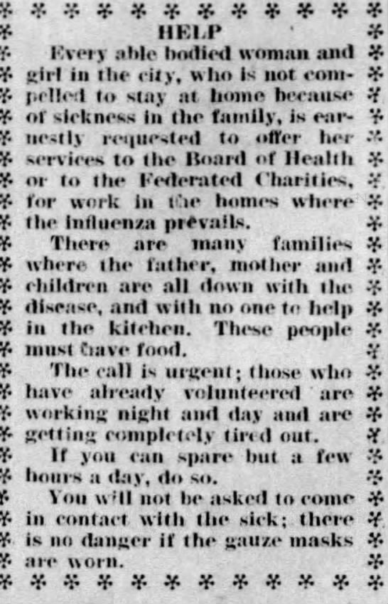 This urgent request appeared on the front page, above the fold, seeking volunteers to help feed families with influenza. (Wausau Daily Herald, 10/24/1918)