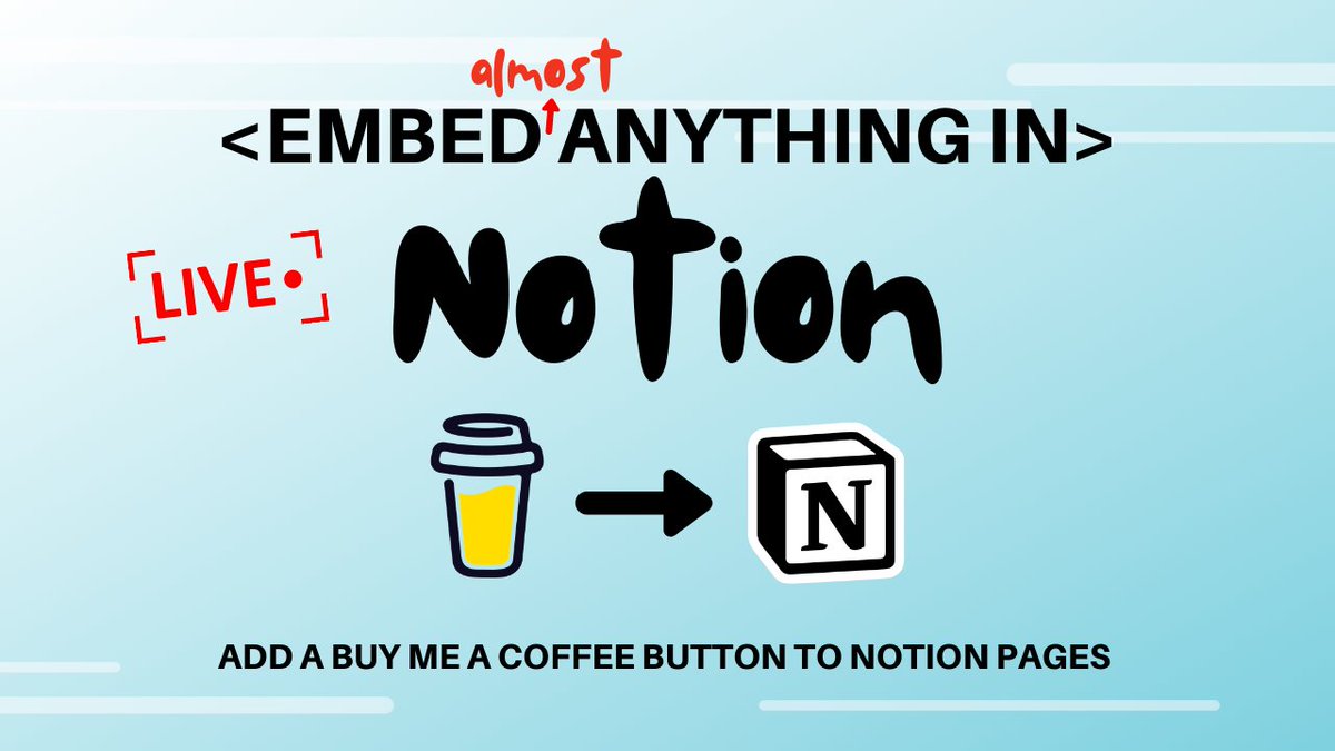 LeeLaunches's tweet image. Been 🔍 for a way to embed non URL services in Notion.
This is the hack/solution I can up with...
youtu.be/DIyrUFHB4sA
Embed almost anything on to a notion page
(Add a @buymeacoffee Button)
Using html.cafe &lt; 🕶️
👇know of a better way?
#NoCode #notionhack