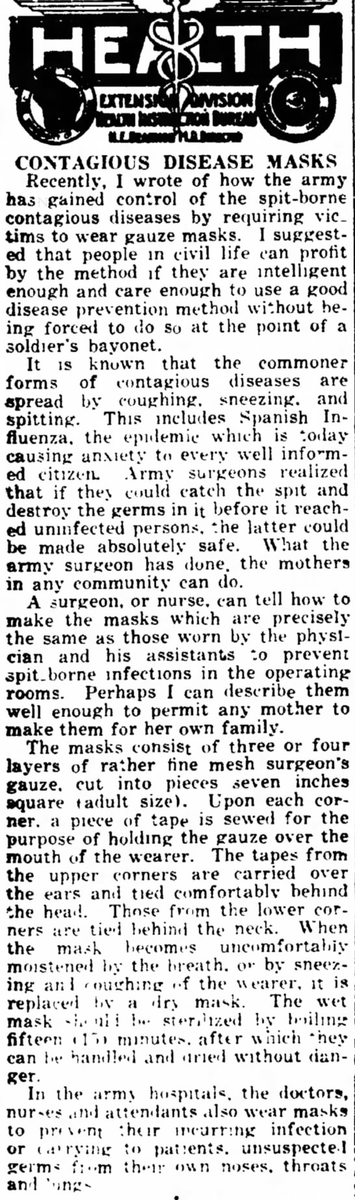 This article encourages civilians to take lessons from the Army's quashing of "spit-borne contagious diseases" by wearing masks.(The Gazette, Stevens Point, 10/23/1918)