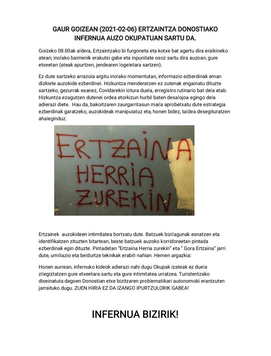 infernuabizirik's tweet photo. ❗️❗️ADI❗️❗️ GAUR GOIZEAN ERTZAINTZA INFERNUKO ETXEETARA SARTU DA INOLAKO BAIMENIK GABE! ⚠️ Hona hemen  gertatutakoaren komunikatua⬇️⬇️⬇️ https://t.co/qGQezLYSxF