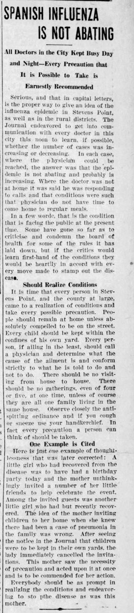 The paper encourages everyone to keep their children in their own yards to stop the spread.(Stevens Point Journal, 10/25/1918)