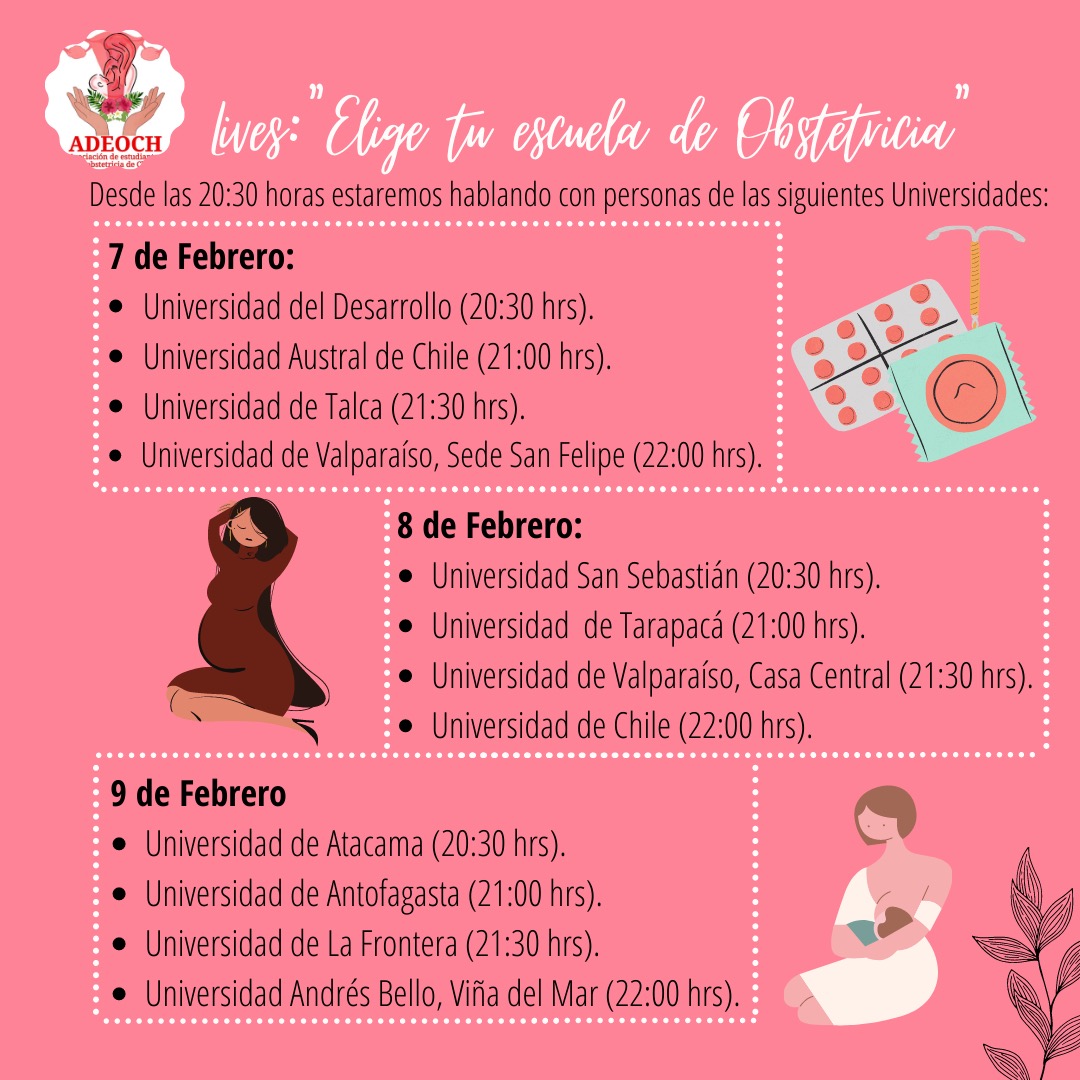 ¡Holaaaa! lxs invitamos a participar en los lives que  haremos para que las personas que quieren estudiar Obstetricia, conozcan las "Ues"❤
Si conoces a alguien que quiere estudiar Obstetricia, ¡invitalx! comparte esta información🎉
Lives a través de nuestro ig @adeost_chile 🌈