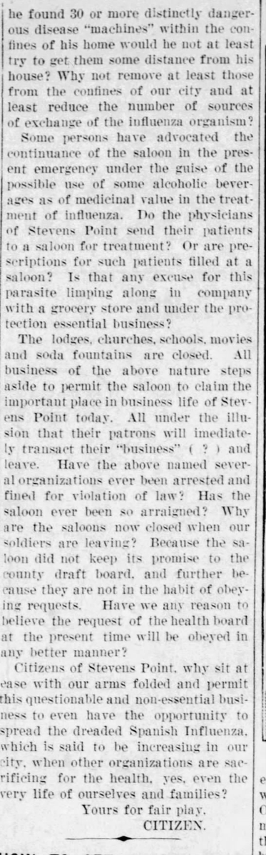 A letter to the editor points out the inconsistencies of the lockdown requirements, much like the arguments about what qualifies as "essential" today.(Stevens Point Journal, 10/26/1918)