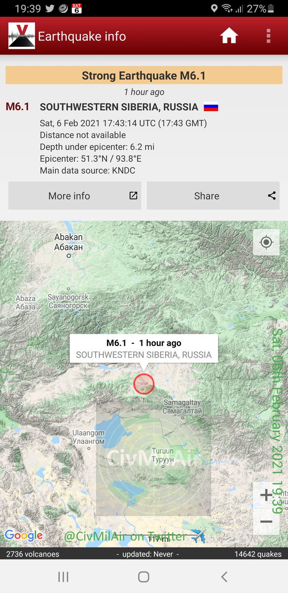 STRONG Earthquake M6.1 - SOUTHWESTERN SIBERIA, RUSSIA - Sat, 6 Feb 2021 17:43:14 UTC (17:43 GMT)