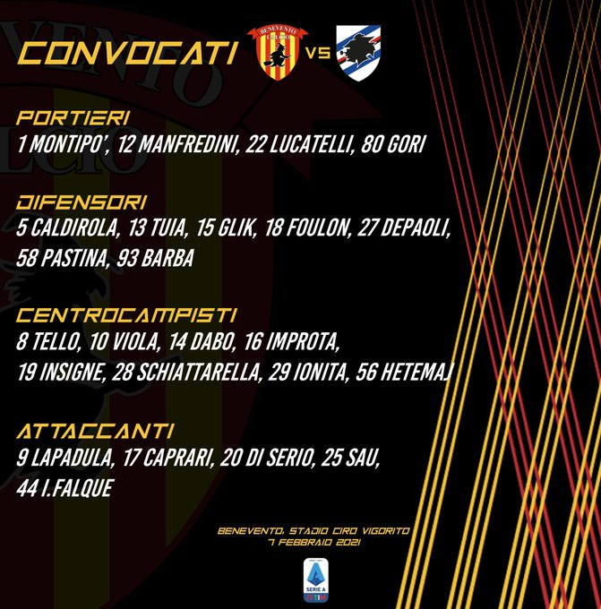 TvBenevento's tweet photo. Convocados!!! Estos son los guerreros que mañana lo darán todo por vencer a la Sampdoria y consagrarnos en la mitad de la tabla, VAMOS EQUIPO!!!
#VamosBenevento
#Convocados
#BENSAM https://t.co/eh7hNW6ViG